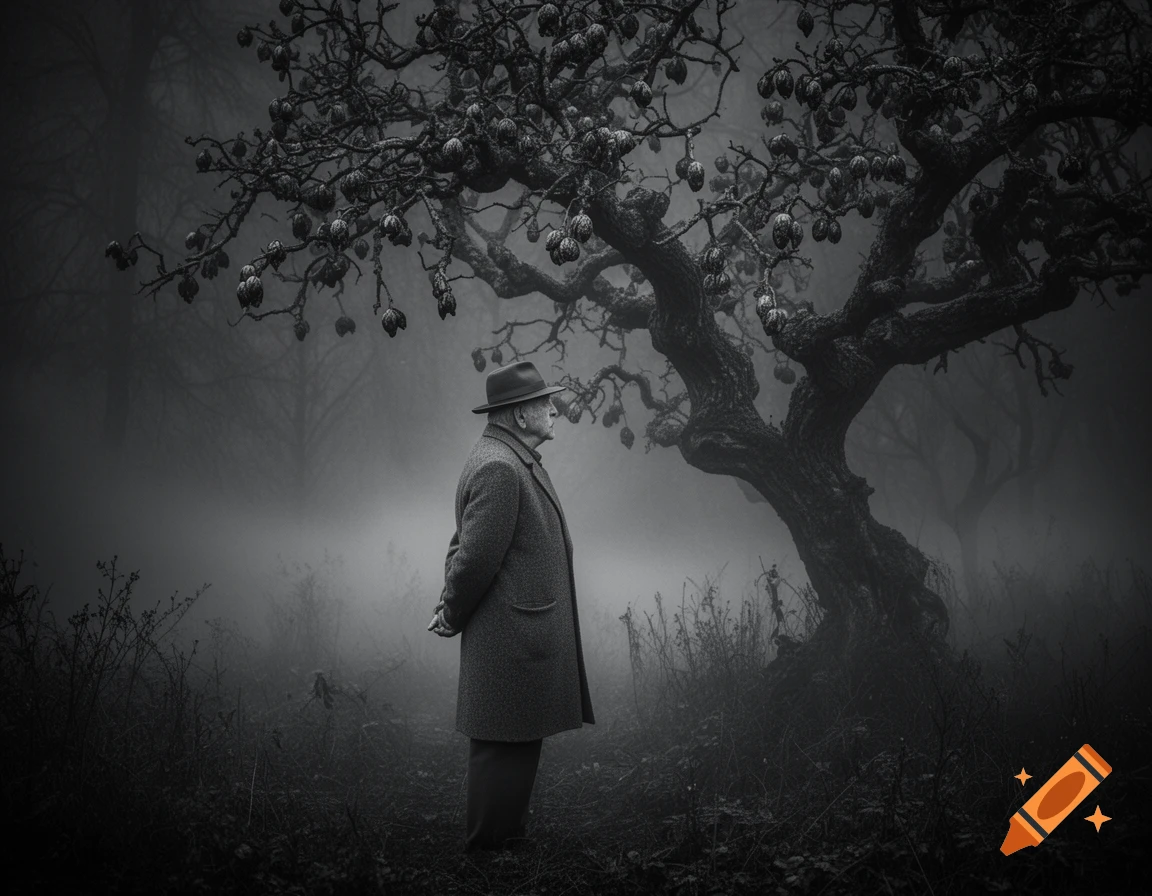 A lone old man in a hat and coat stands in a misty, dark forest with a gnarled tree bearing dead fruit, in a monochrome style.