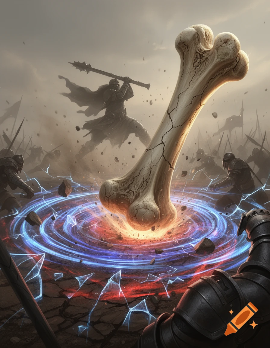 A giant bone mace slams into the ground in a fantasy battle, surrounded by armored knights and magical blue and red shockwaves.