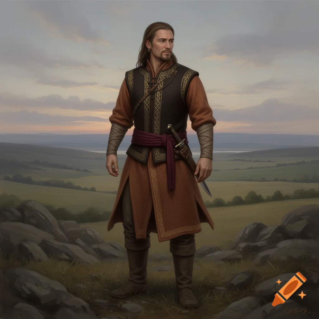 A long-haired man with a beard, dressed in a fantasy-style tunic and vest, stands on a rocky hill overlooking a green landscape at sunset.