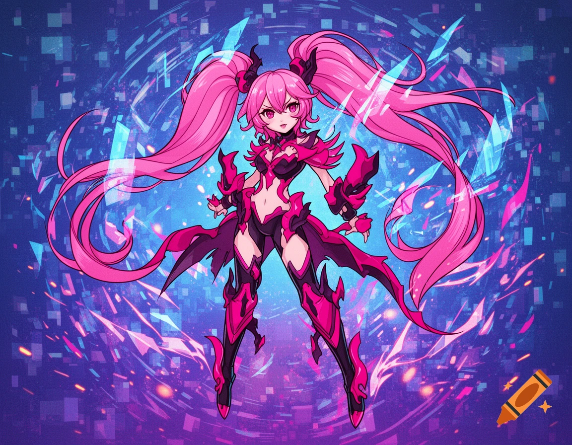 A vibrant anime-style character with long pink pigtails and a fuchsia armored outfit stands against a blue, digital-themed background.