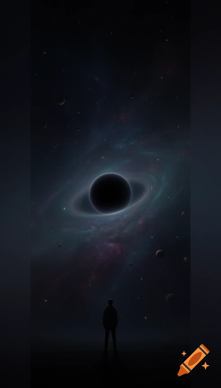 A solitary person stands silhouetted against a dark, star-filled cosmos, looking at a massive black hole and distant planets.
