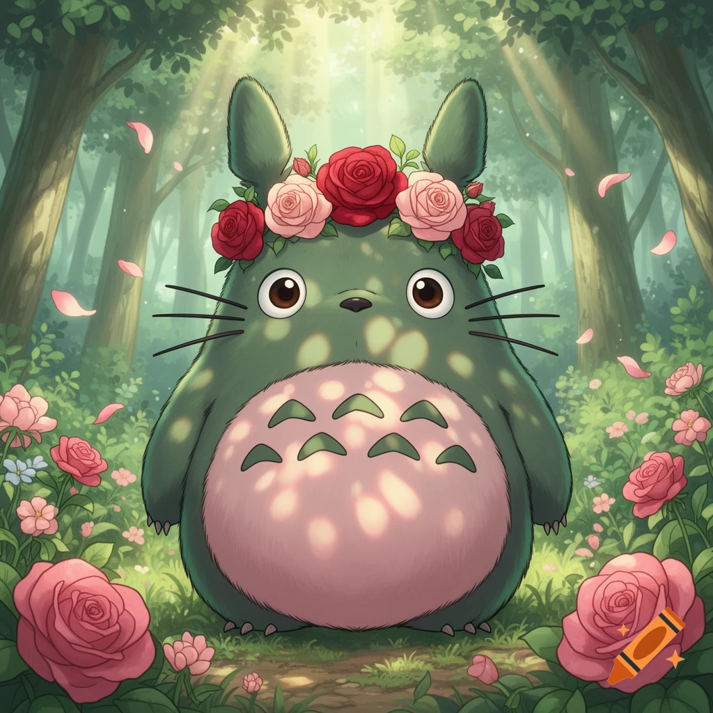 A cute green Totoro-like creature with a pink belly and a crown of red and pink roses stands on a forest path with blooming flowers.