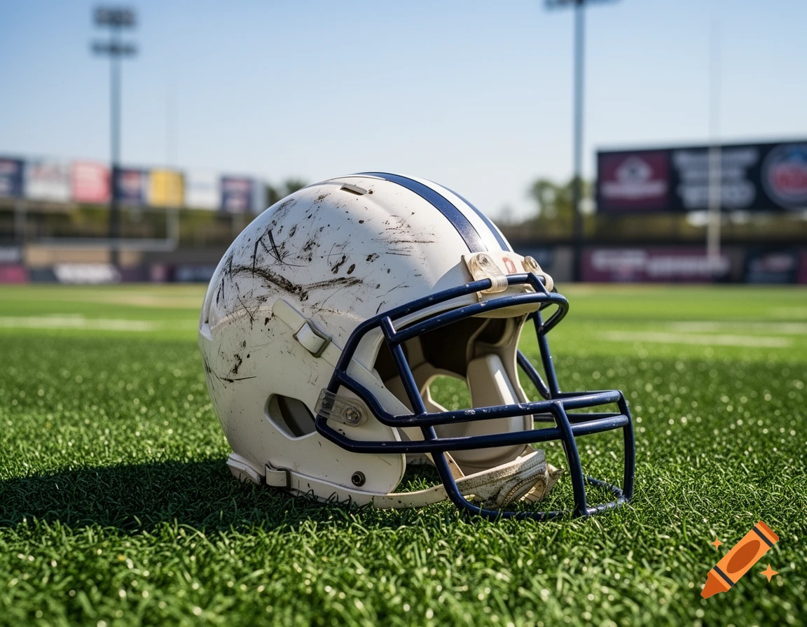 A dirty white football helmet with blue stripes and a blue facemask lies on green grass in a stadium on a sunny day.
