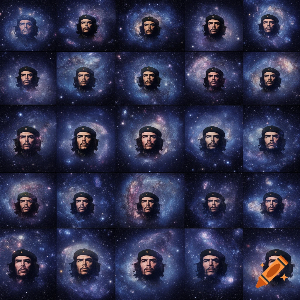 A 5x5 grid of portraits of Che Guevara's head against swirling blue and purple galaxy backgrounds.