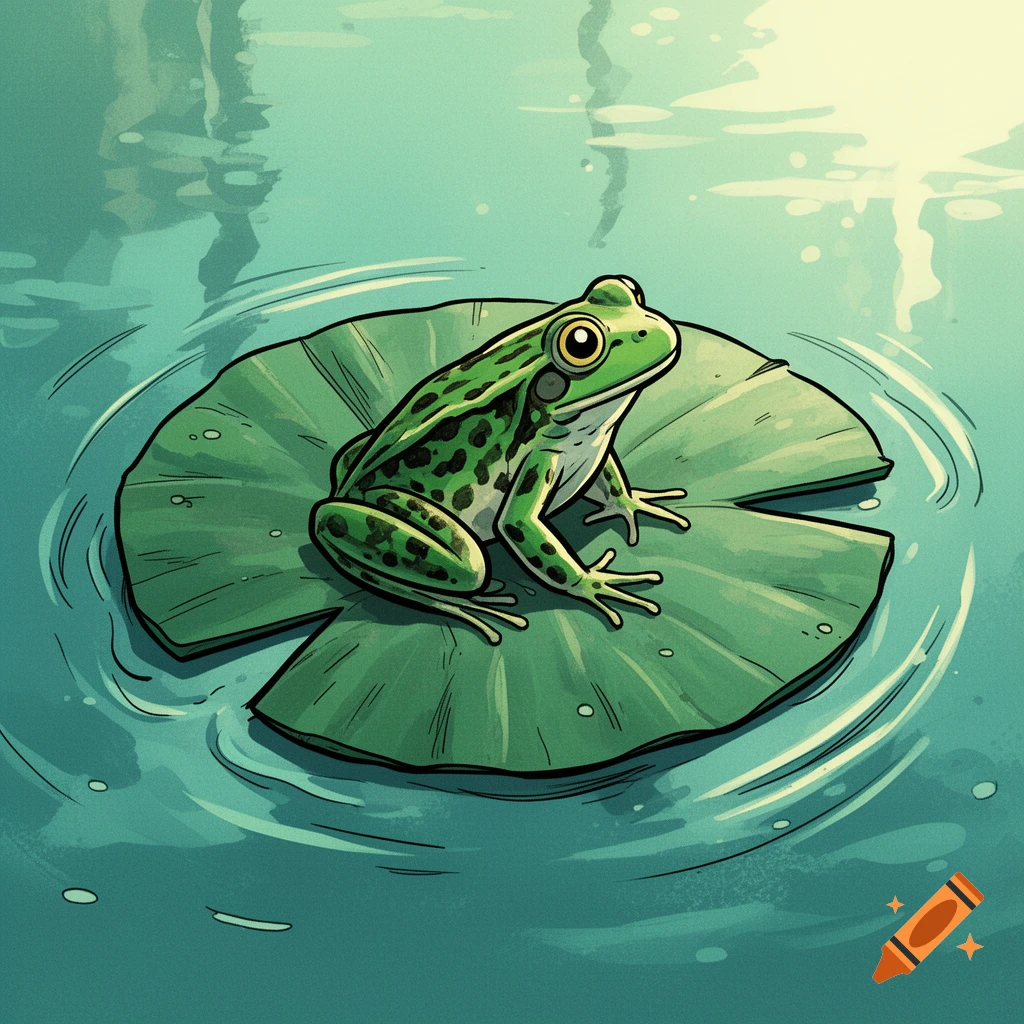 A green frog with black spots sits on a lily pad floating in turquoise water, illustrated in a comic style.