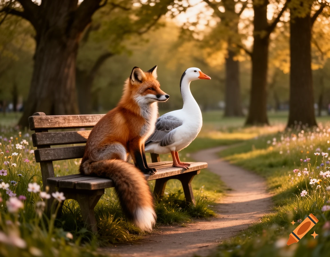 A red fox and a white goose sit side-by-side on a wooden park bench, bathed in golden hour sunlight.