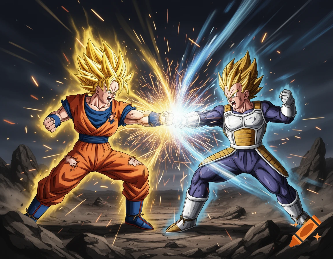 Super Saiyan Goku and Vegeta clash fists, creating a brilliant energy explosion in an anime style action scene.