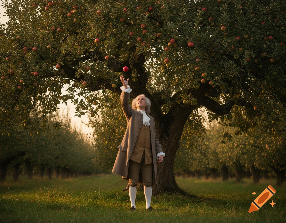 A man resembling Isaac Newton in period clothing stands in a sunlit apple orchard, gazing at a red apple floating above his hand.