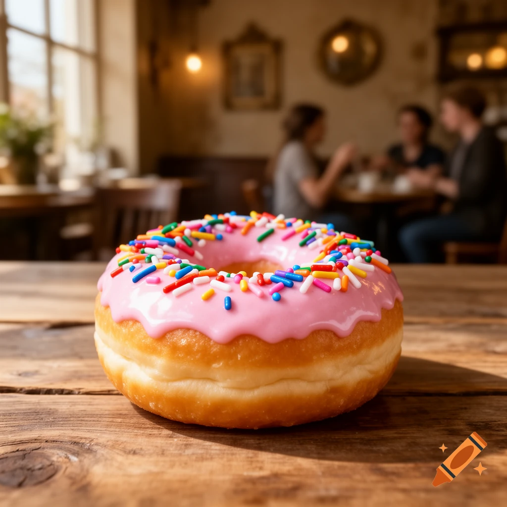 A photorealistic close-up of a pink-frosted donut with colorful sprinkles on a wooden table in a blurred cafe setting.