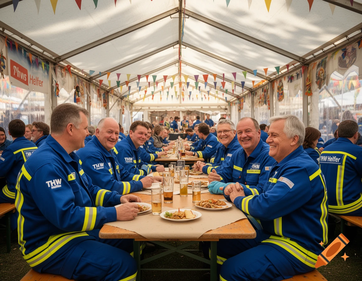 Men in blue and yellow THW uniforms sit at long tables inside a large white tent with festive bunting, eating and drinking.