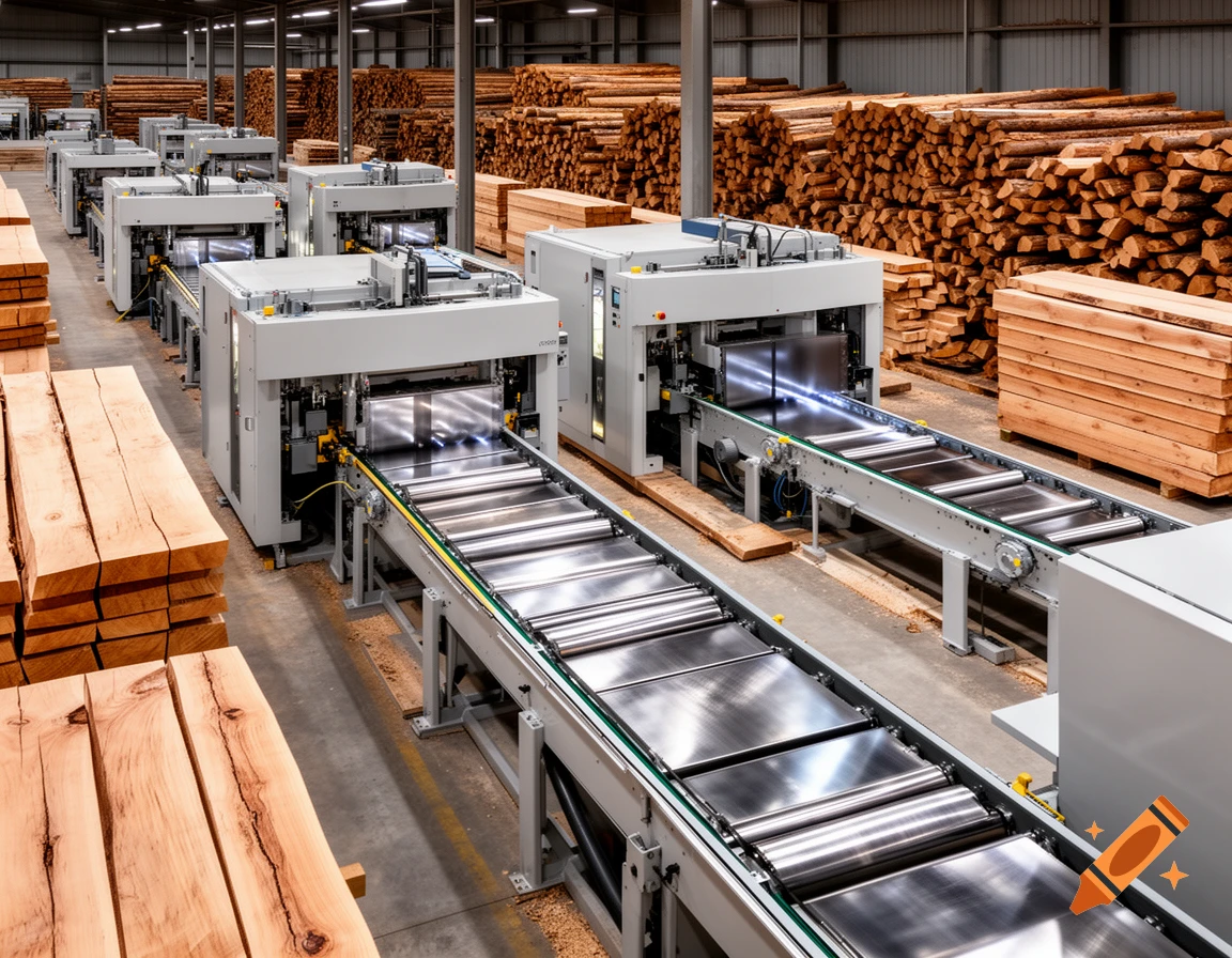 Photorealistic image of a modern sawmill interior with multiple processing machines and stacks of logs and lumber.