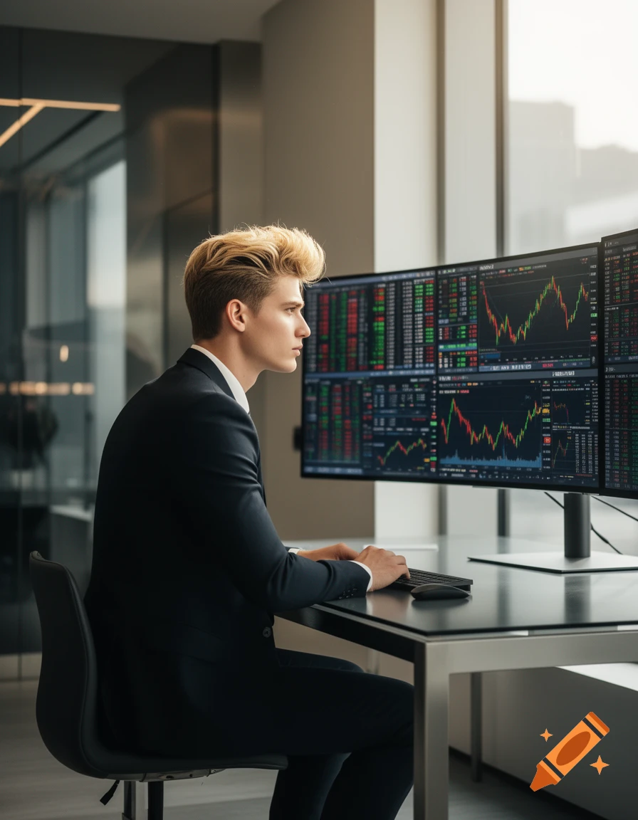 A blond man in a black suit sits at a desk, looking intently at multiple computer monitors displaying stock market charts and data in a modern office.