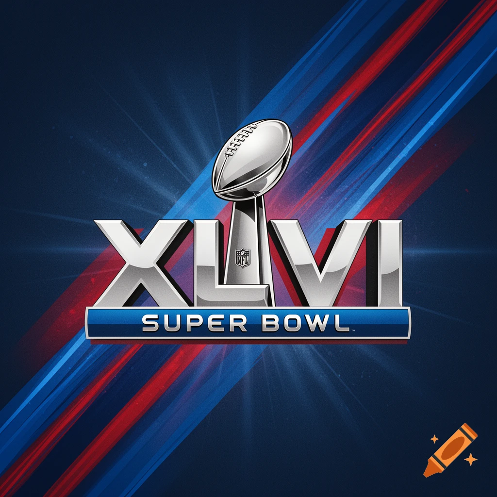 Stylized Super Bowl XLVI logo with a silver football trophy, 'XLVI' text, and 'SUPER BOWL' banner on a blue and red background.