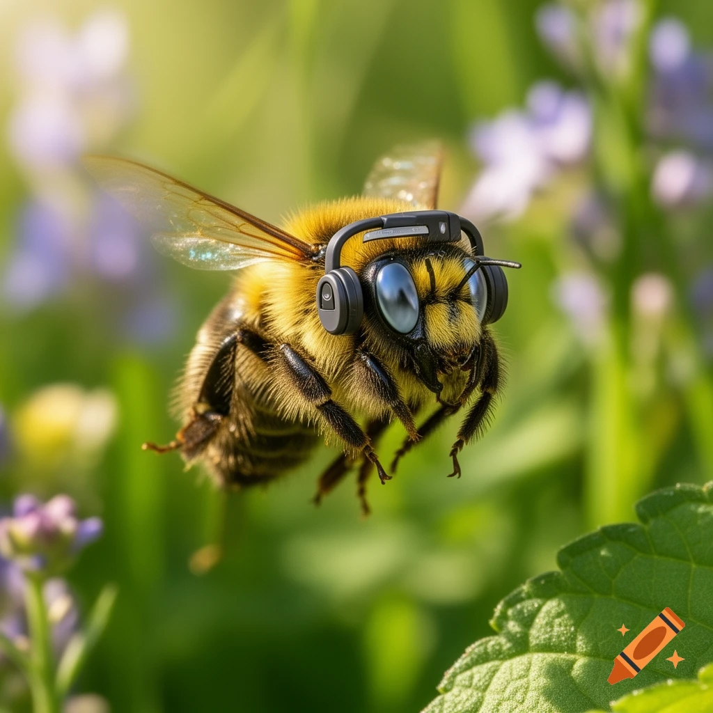 A fluffy bumblebee with large blue eyes wears black headphones and hovers amidst blurred green foliage and purple flowers in a detailed shot.