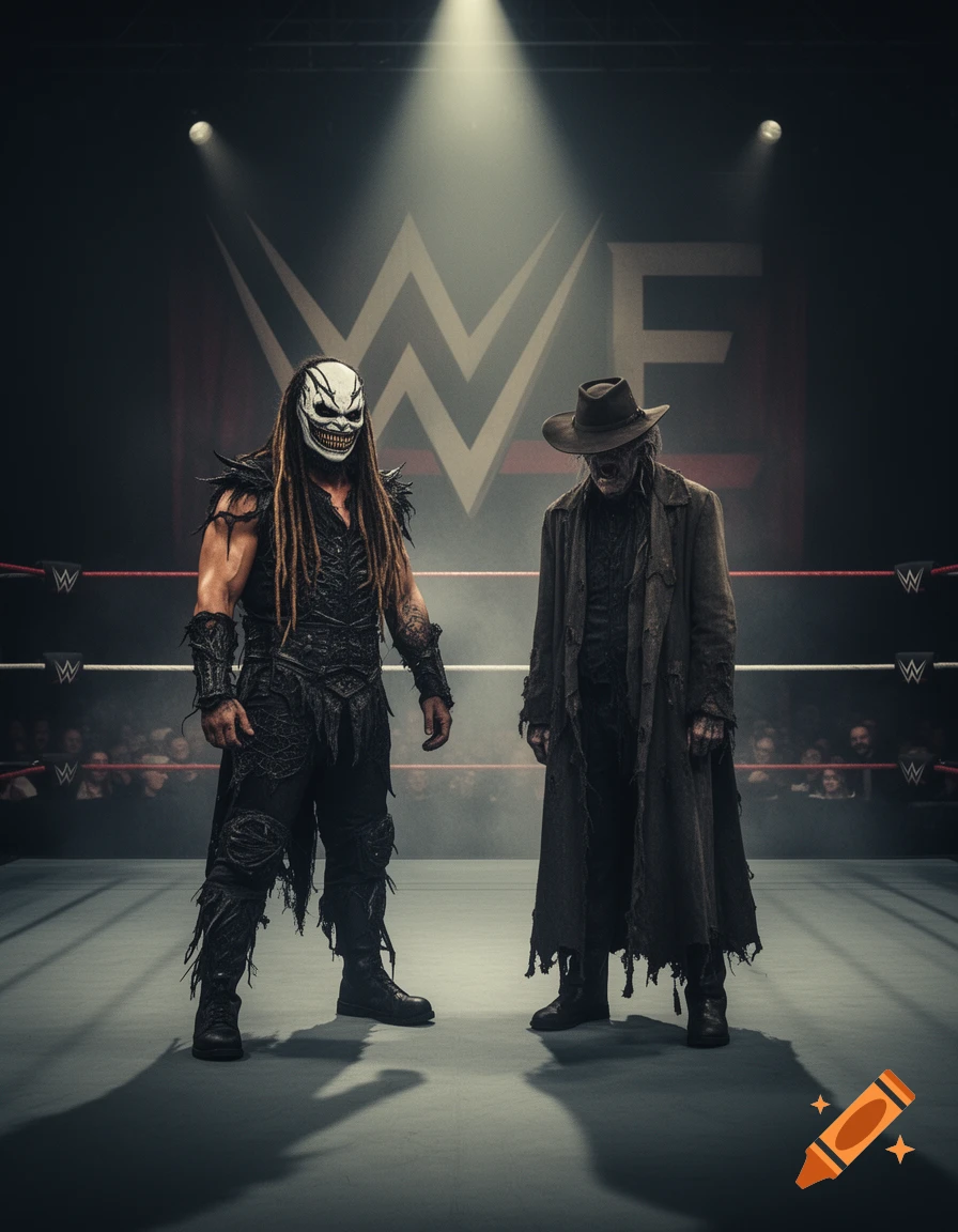 Bray Wyatt as The Fiend and Uncle Howdy stand dramatically in a wrestling ring under spotlights, with a large WWE logo in the background.