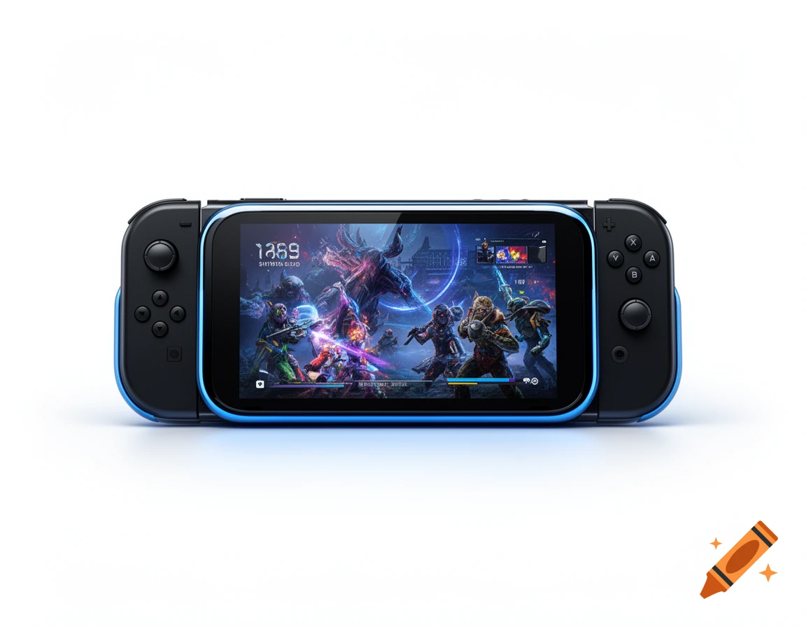 A redesigned Nintendo Switch-like handheld console with a blue border and rounded joy-cons, displaying a fantasy video game on its screen.