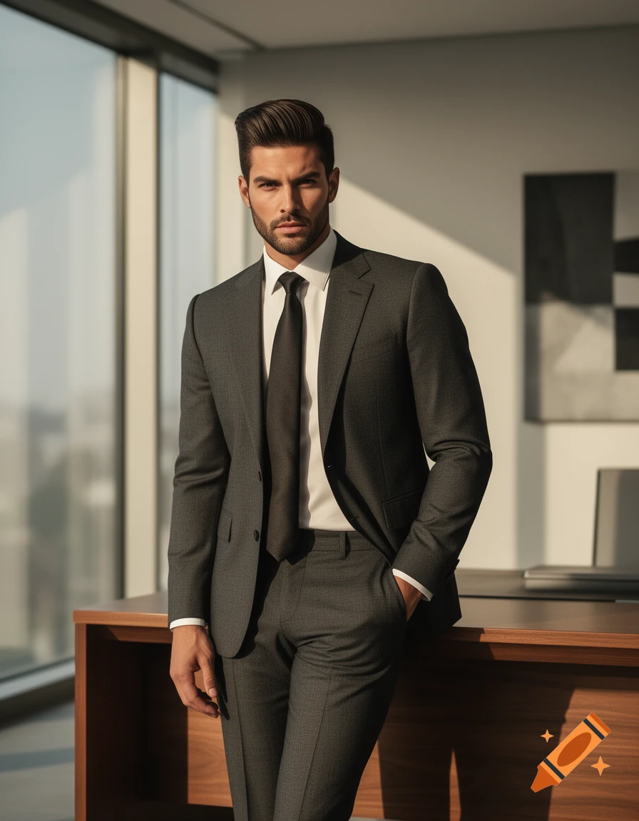 Handsome man in a dark grey suit stands by a desk in a sunlit modern office, looking directly at the viewer.