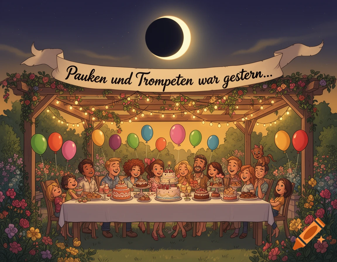 Illustrated happy people celebrating a birthday at a long table in a garden, watching a partial solar eclipse under a lighted pergola. A banner reads "Pauken und Trompeten war gestern..."