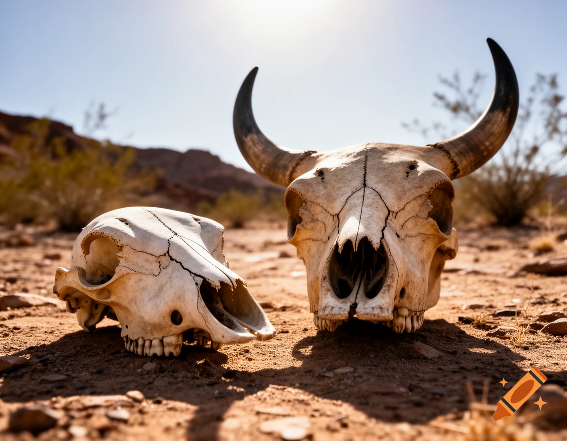 A bull skull with horns and a smaller skull lie on dry, rocky desert ground under a clear sky.