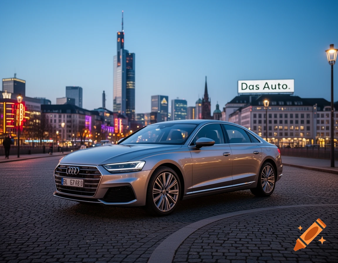 A silver Audi car is parked on a cobblestone street in a city at dusk, with illuminated buildings and a 'Das Auto.' billboard.