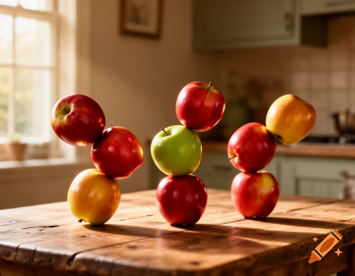 Photorealistic image of red, green, and yellow apples precariously stacked on a wooden table in a sunlit kitchen.