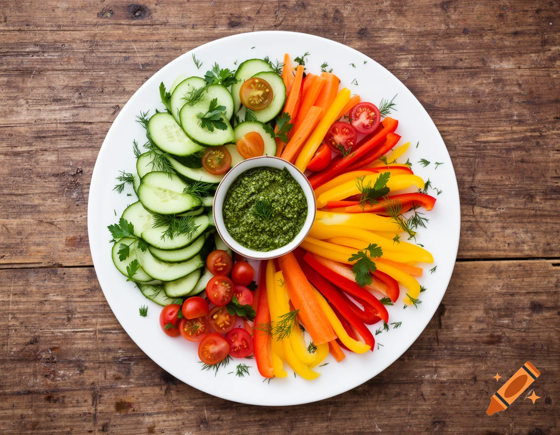 Vibrant platter with sliced cucumbers, cherry tomatoes, carrot and bell pepper sticks, and pesto dip on a wooden table.