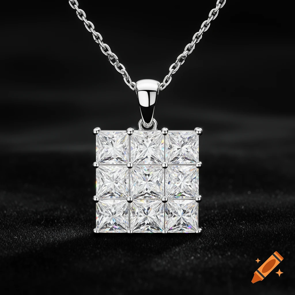 A close-up of a square silver pendant featuring nine princess-cut diamonds, hanging from a delicate silver chain against a black background.