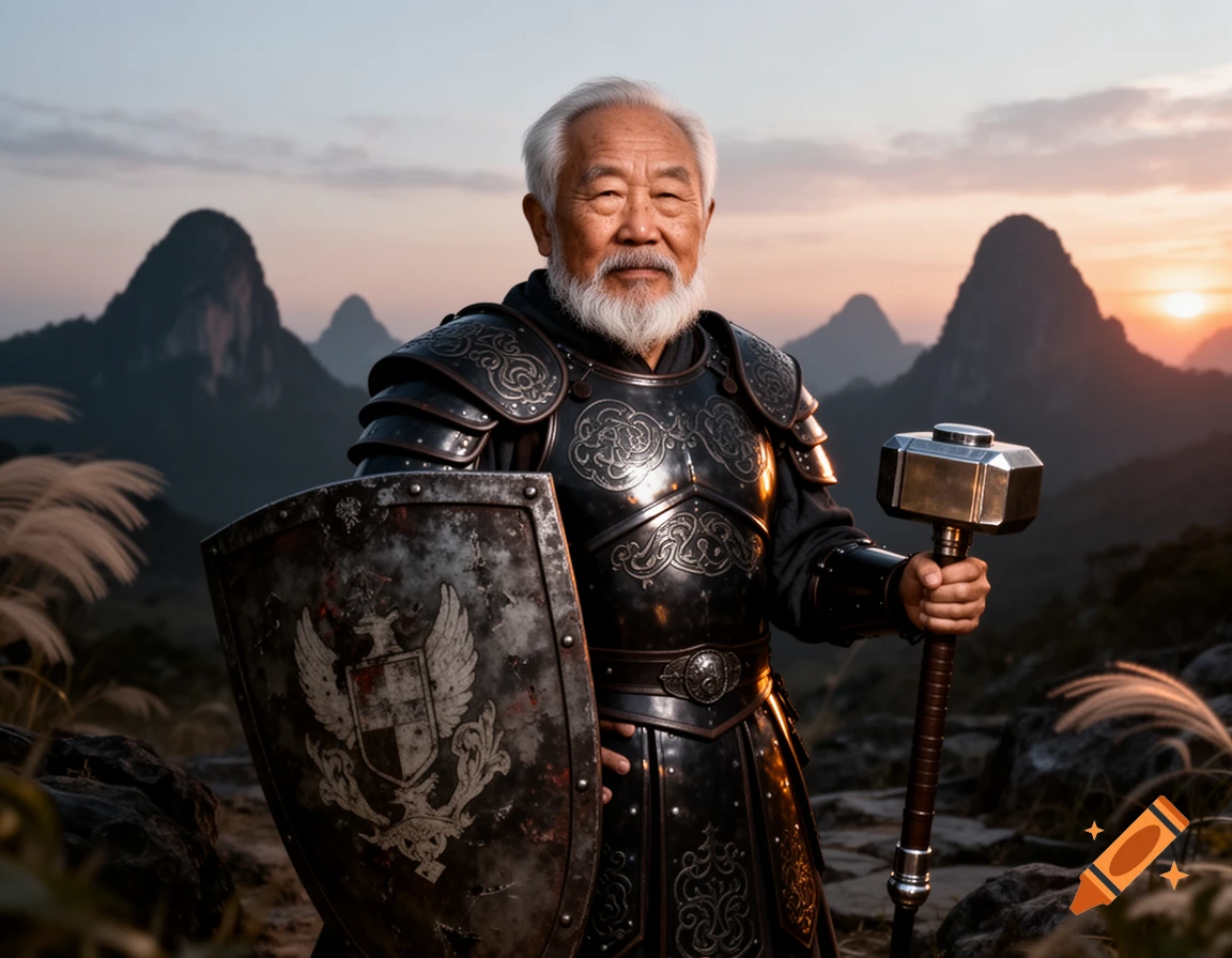 An older Asian man with a white beard, wearing dark fantasy armor, holding a weathered shield and a warhammer against a mountain sunset.