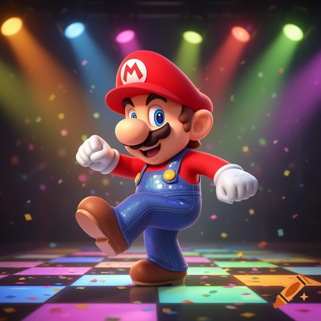 Mario dancing on a vibrant disco floor under colorful spotlights with confetti.