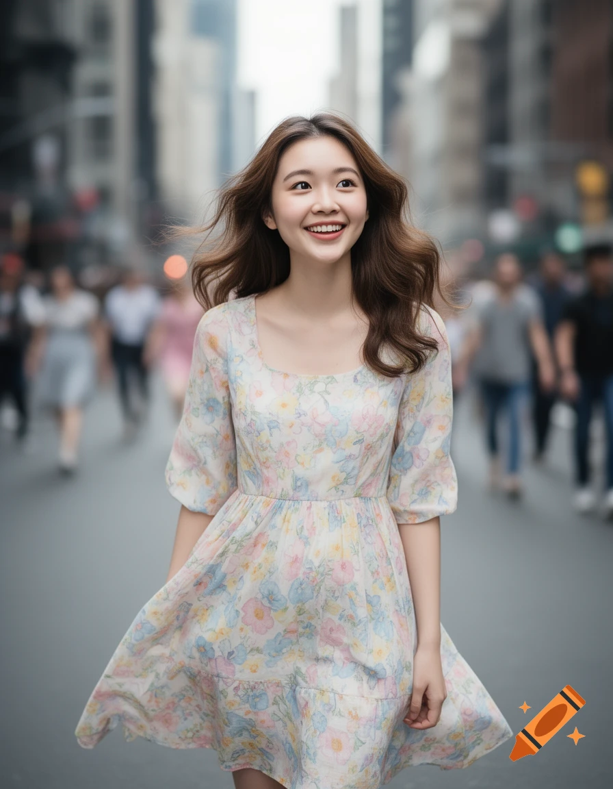 A young woman in a floral dress smiles while walking on a busy city street, photorealistic style.
