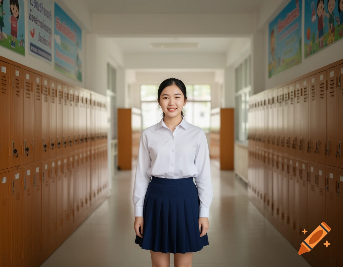 A smiling Asian female student in a white shirt and blue skirt stands in a school hallway with lockers and posters.