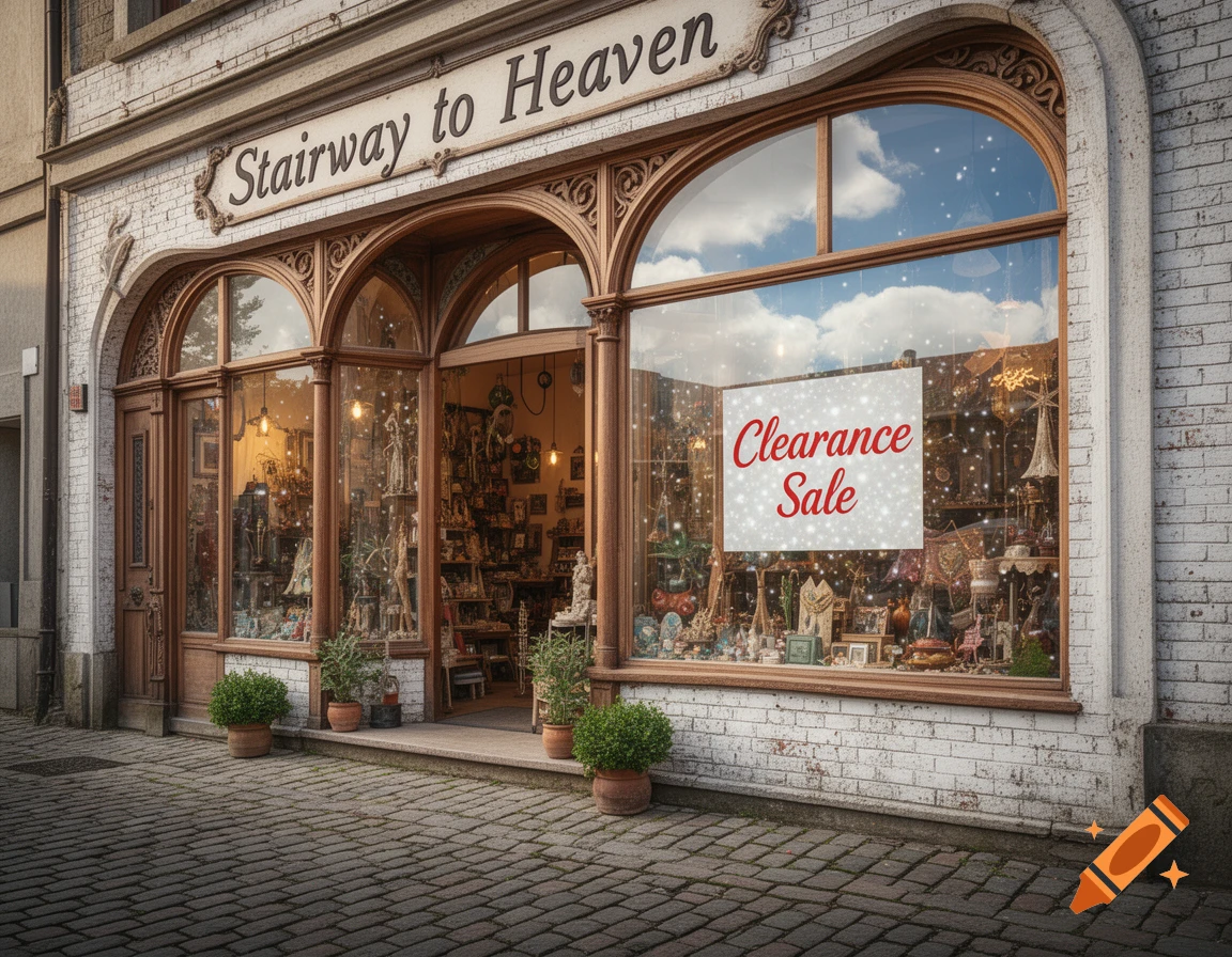 Vintage-style 'Stairway to Heaven' storefront with ornate wooden archways and a 'Clearance Sale' sign, seen from a cobblestone street.