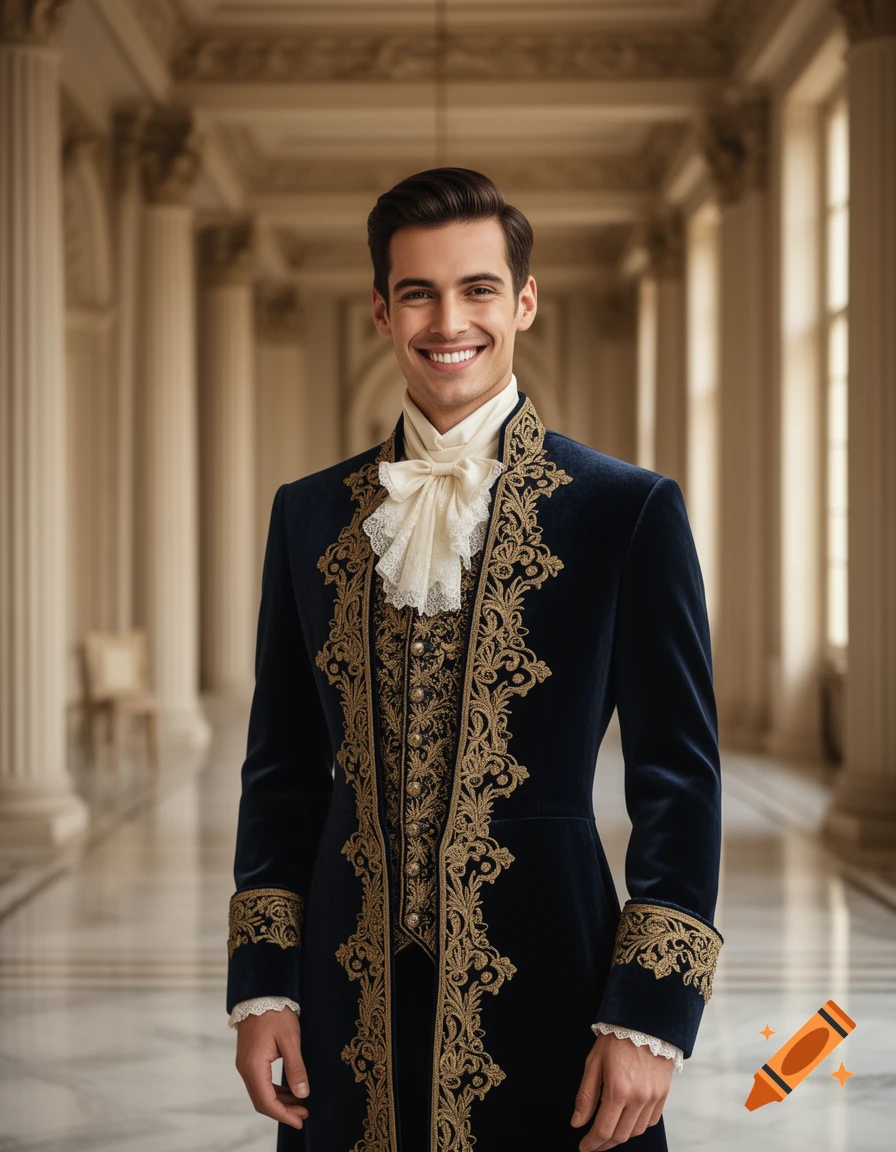 A smiling man in a dark blue velvet coat with gold embroidery and a ruffled white cravat stands in a grand, columned hall, photorealistic.