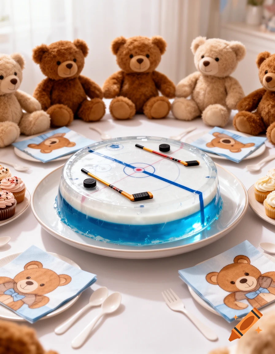 A party table adorned with several teddy bears, a blue and white ice hockey-themed jelly cake, cupcakes, and teddy bear patterned napkins.