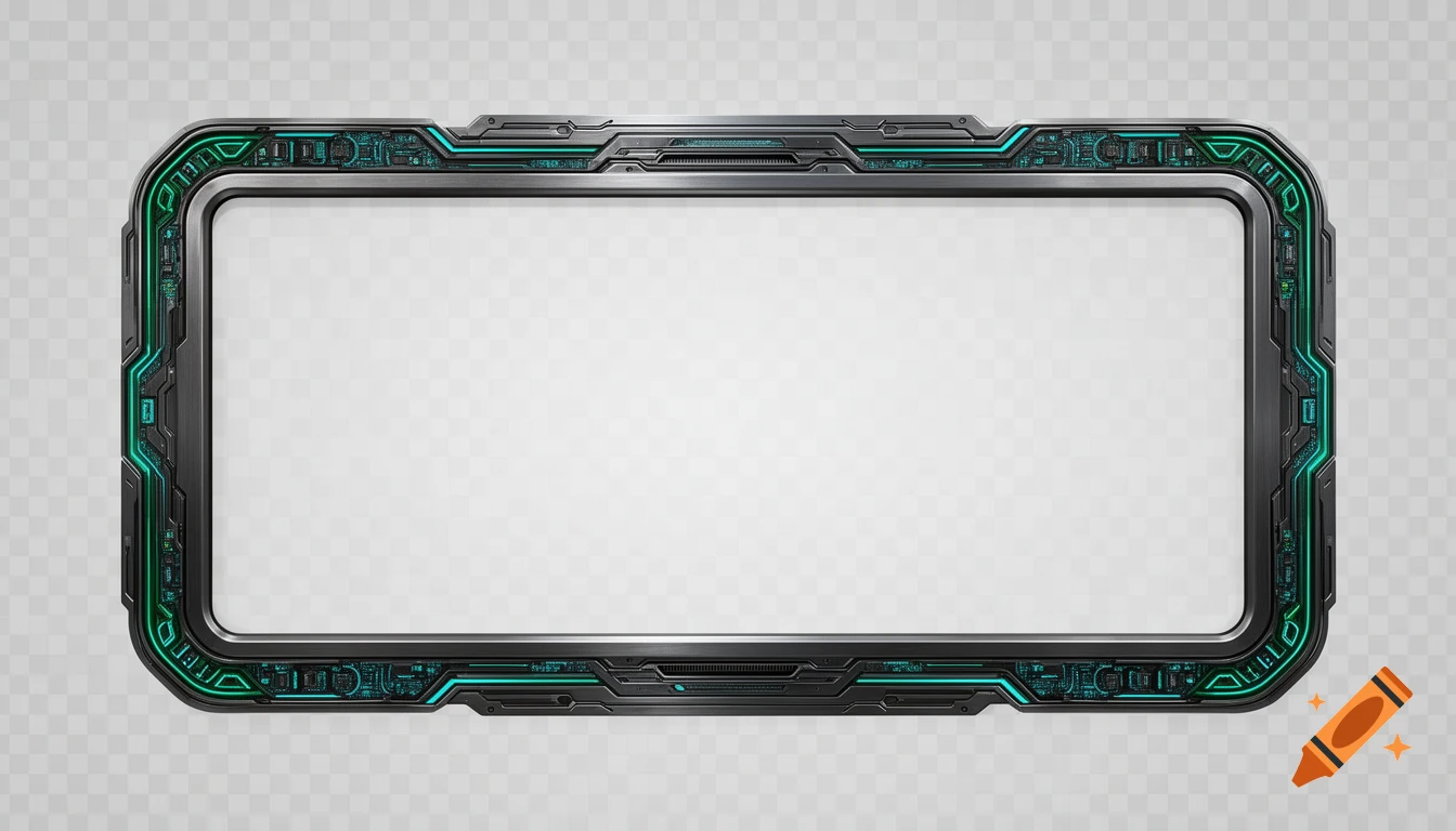 A futuristic rectangular sci-fi frame with rounded corners, intricate green circuitry, and a transparent center.