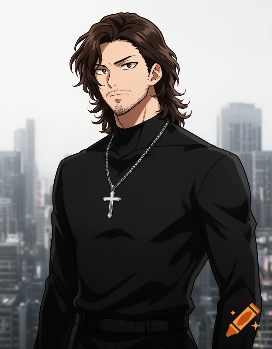 Anime-style portrait of a man with long brown hair, beard, black turtleneck, and silver cross necklace, cityscape in background.