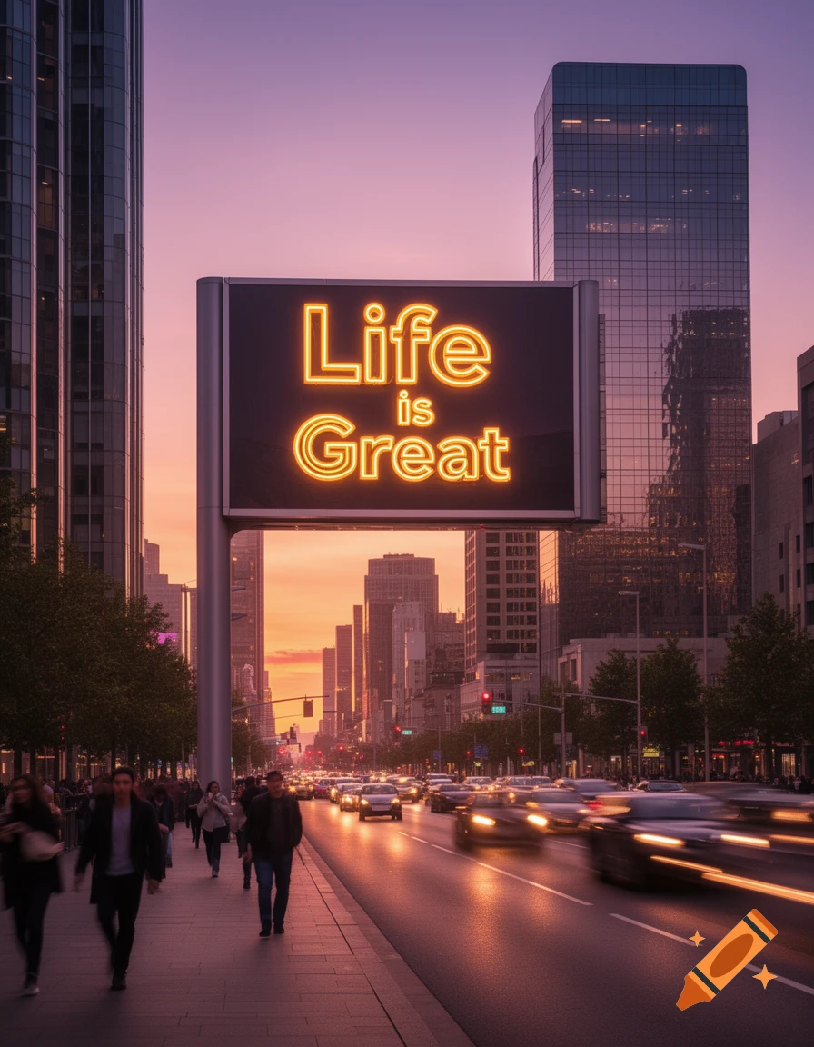 A vibrant city street at sunset, with a large billboard displaying "Life is Great" and blurred car light trails.