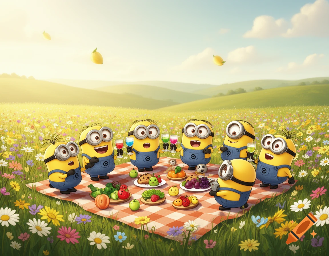 Seven Minions enjoy a sunny picnic on a checkered blanket in a vibrant wildflower field, with rolling green hills in the background.
