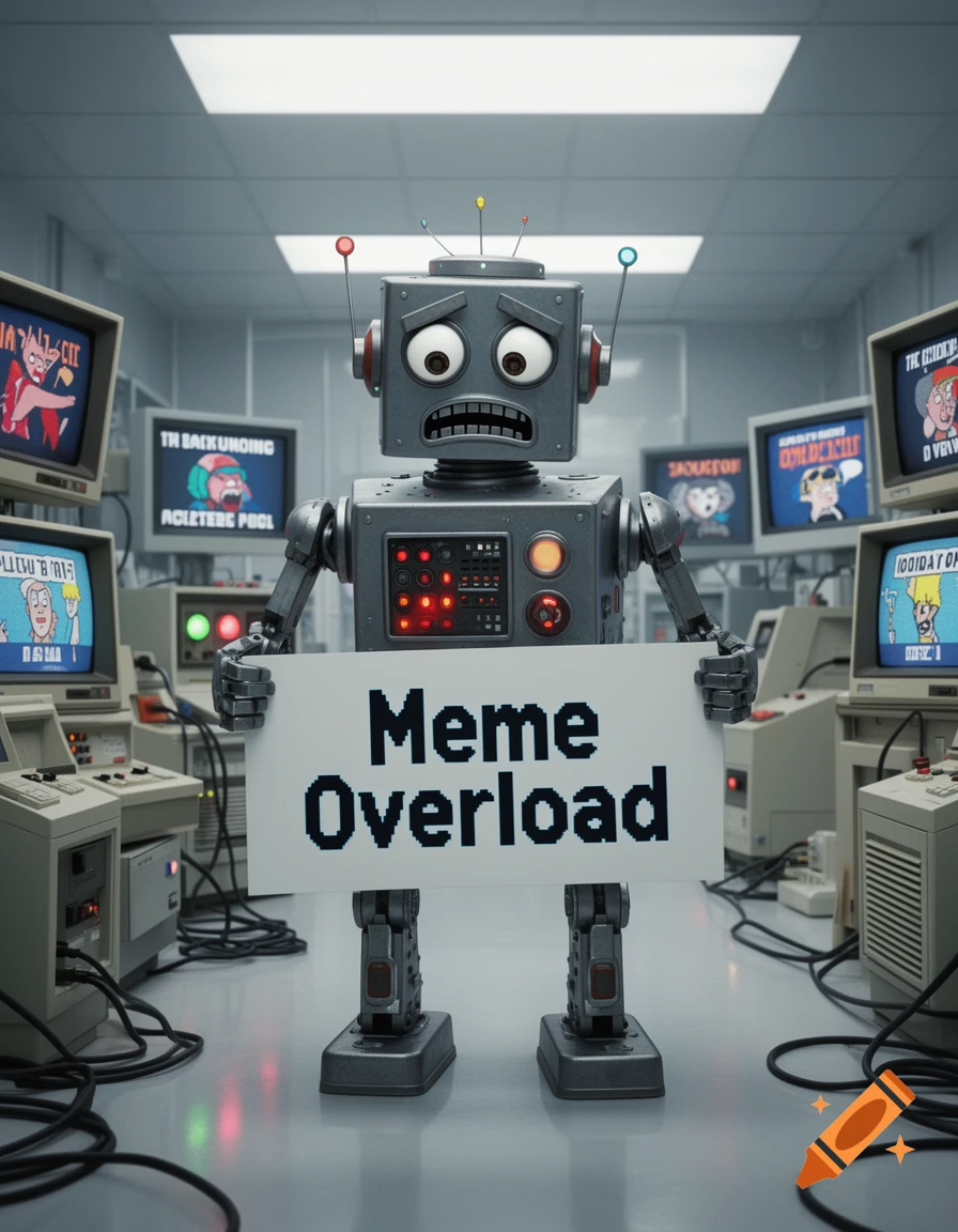 A worried retro robot stands in a server room, holding a sign that says "Meme Overload" in pixelated font. Screens in the background display various distorted cartoonish memes and garbled text.