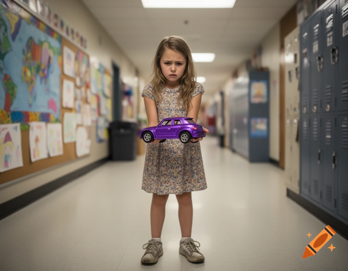 A young girl with a worried expression holds a purple toy car in a school hallway with a bulletin board and lockers.