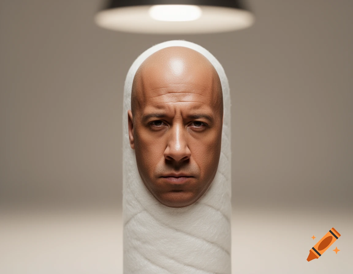 A bald man resembling Vin Diesel peers from a white cylindrical object, lit from above.