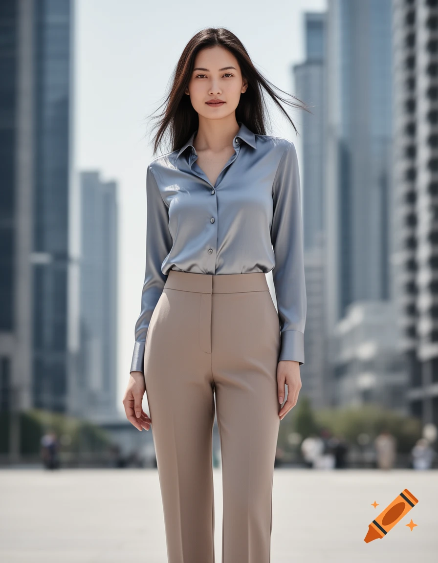 A woman in a blue silk blouse and beige trousers stands in a modern city with skyscrapers.