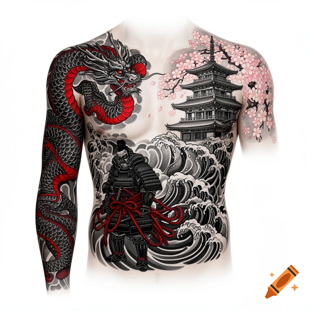 Full chest and arm Japanese Irezumi tattoo design featuring a red and black dragon, samurai, pagoda, cherry blossoms, and waves.
