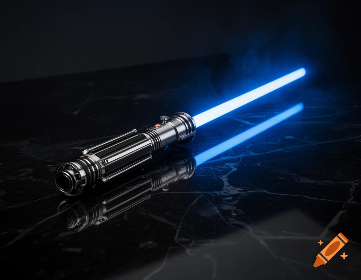 An ignited blue lightsaber resting on a dark, reflective black obsidian surface, captured in a high-end product photograph.