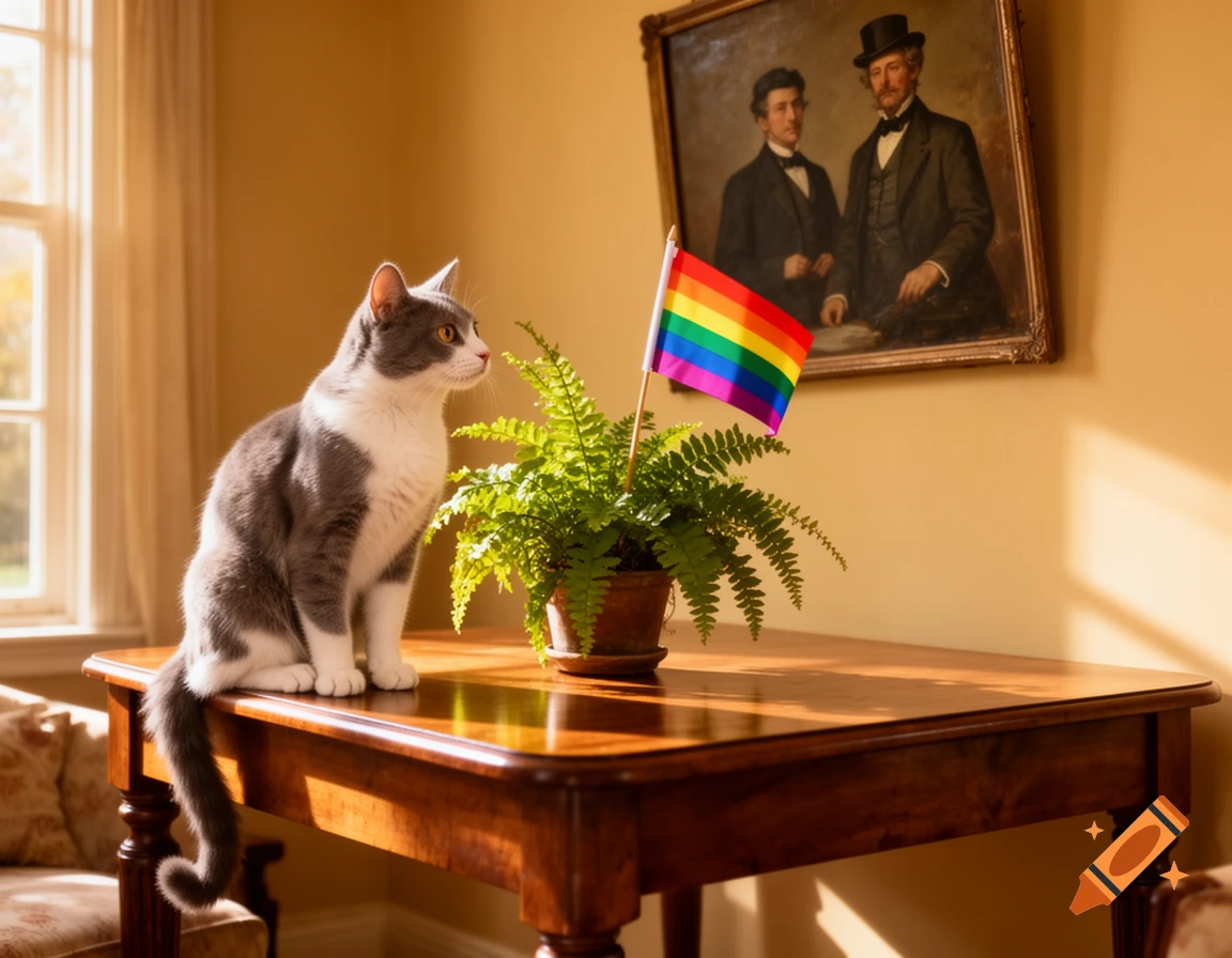 A grey and white cat sits on a wooden table next to a potted fern with a small rainbow pride flag in a sunlit room.