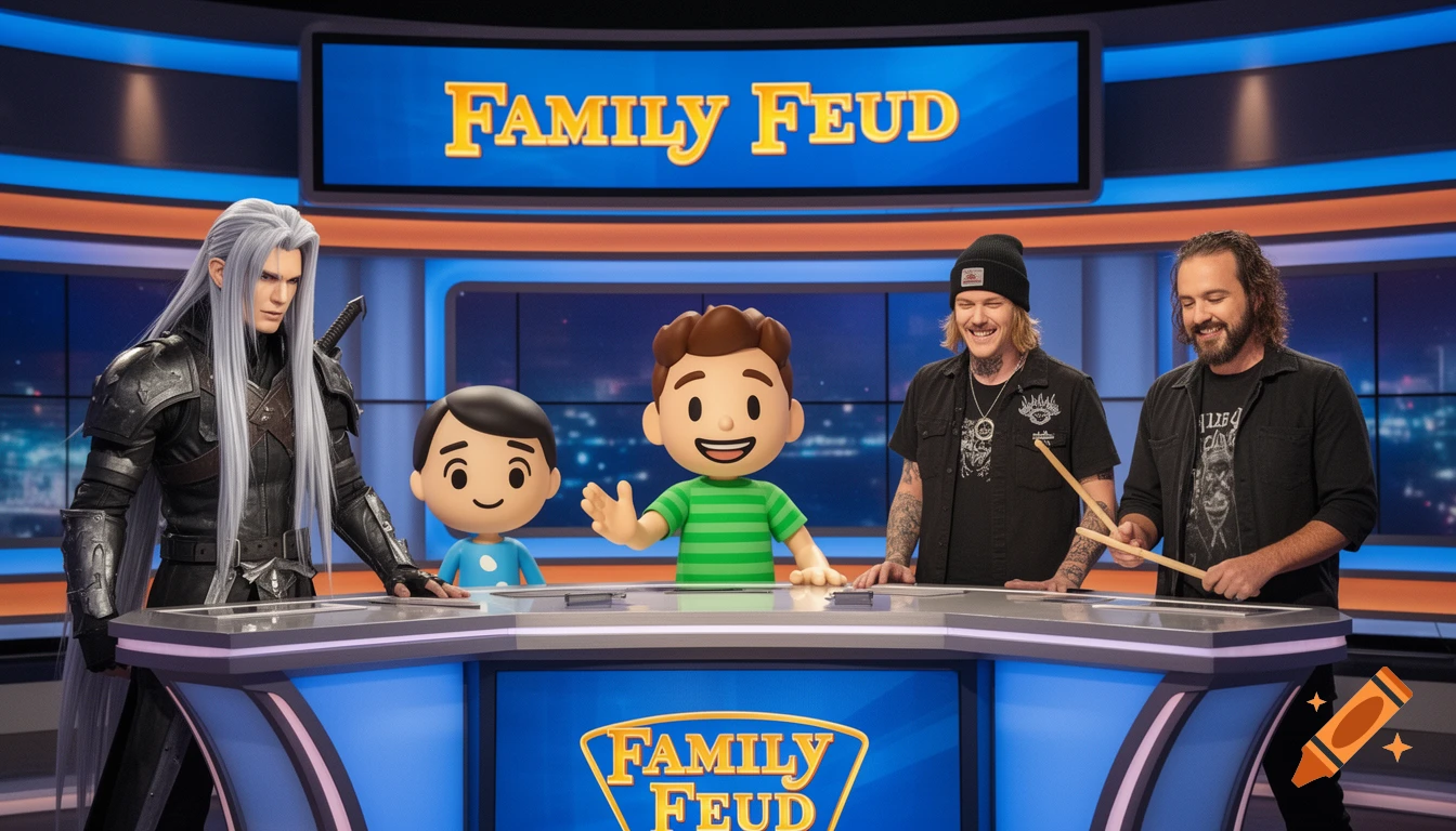 Sephiroth, two Mii characters, and two men with beards stand at podiums on a Family Feud game show set.