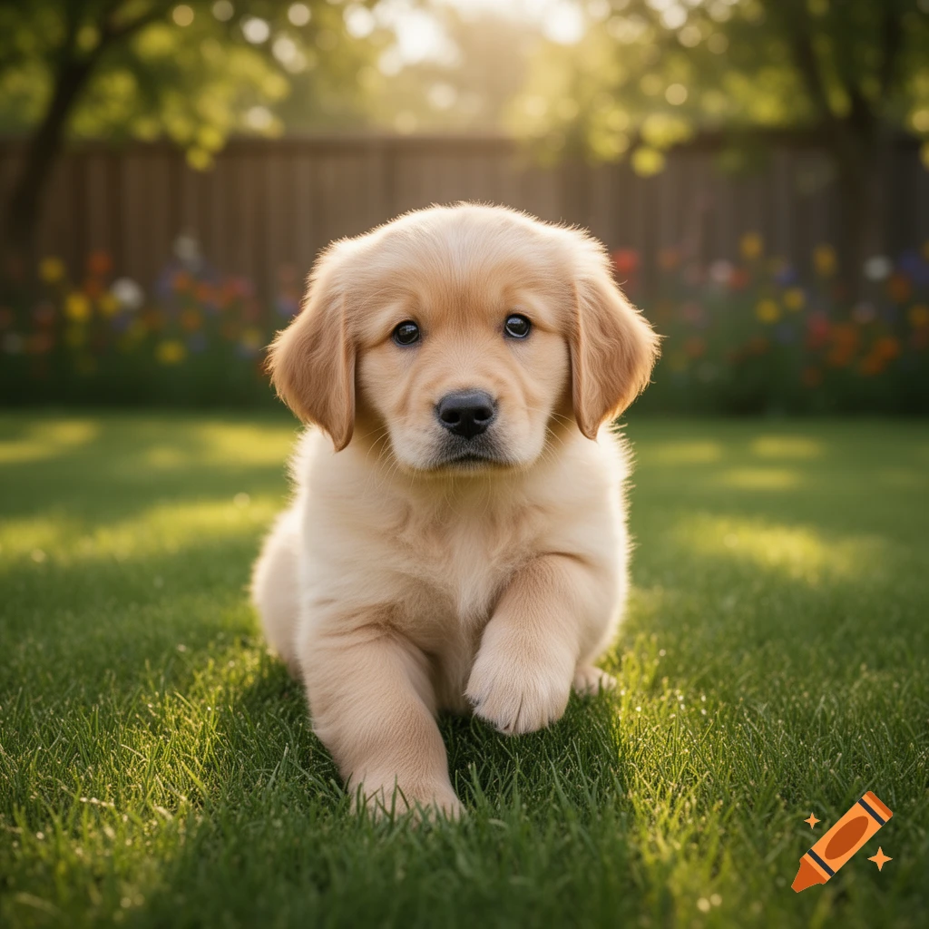 A fluffy golden retriever puppy sits on green grass in a sunny garden, looking at the camera.