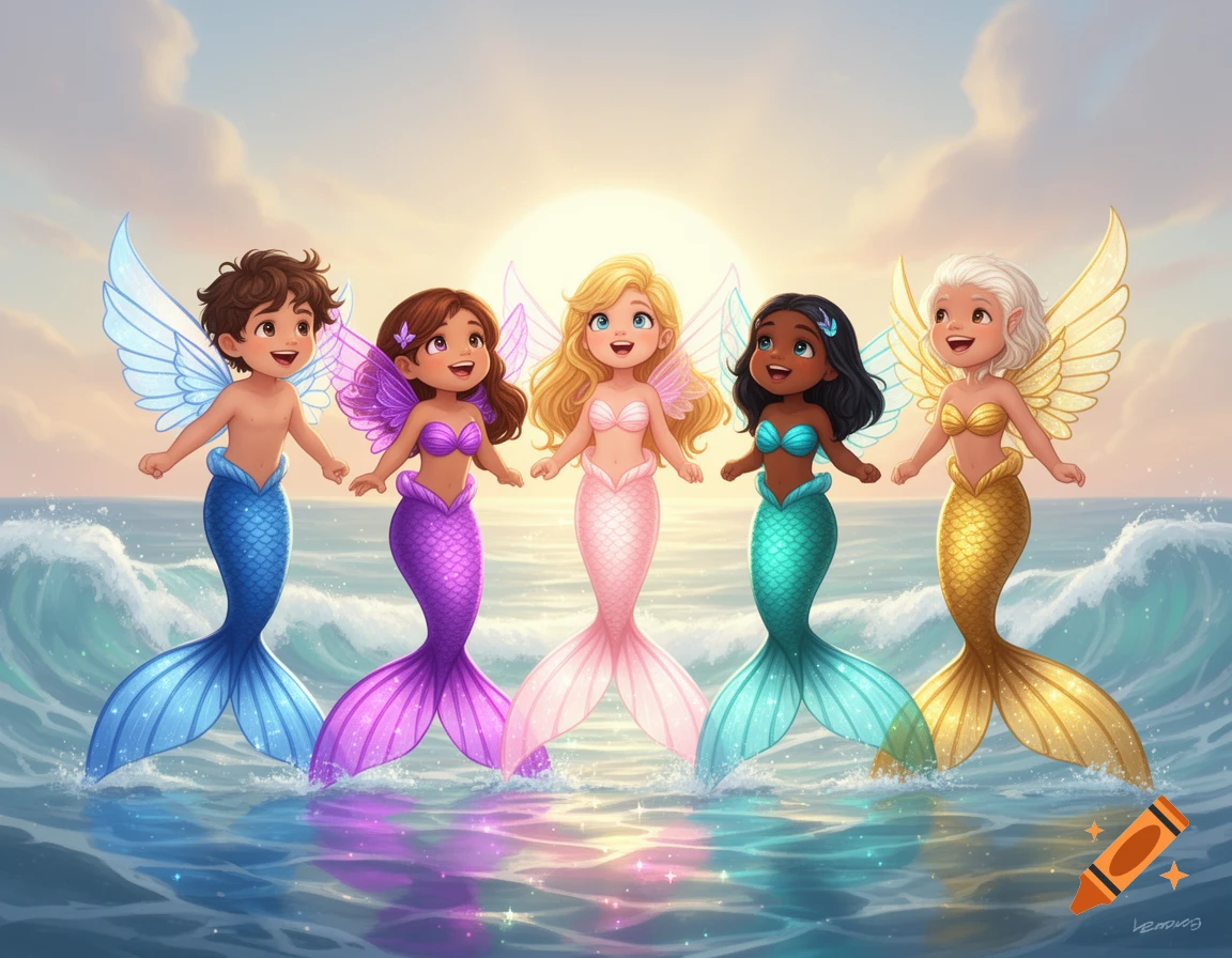 Five diverse mermaid children with fairy wings smile while standing in the ocean at sunset, their fins sparkling.