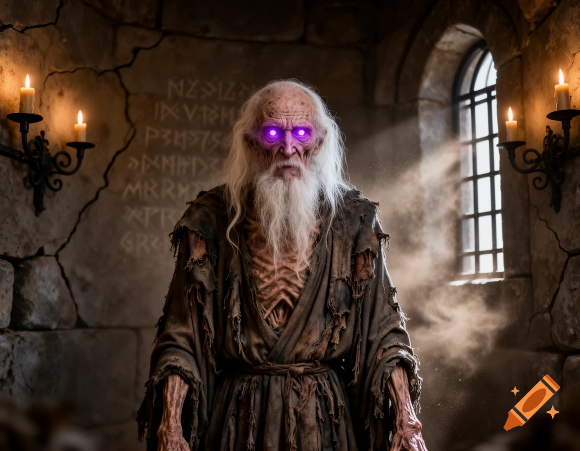 An emaciated wizard with a long white beard and glowing purple eyes stands in a dark, stony room with candles and rune-covered walls.