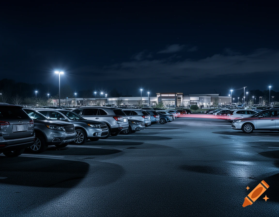 Brightly lit parking lot at night with rows of cars and SUVs, a commercial building in the background, and red light trails.